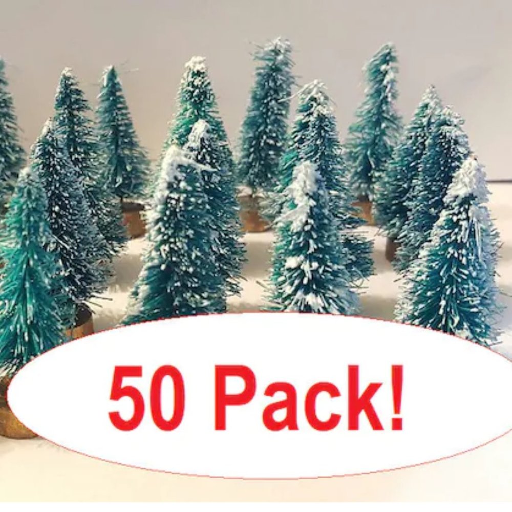 50 Mini GREEN Sisal Bottle Brush Snow Flocked Christmas Trees Bulk Crafts Decor